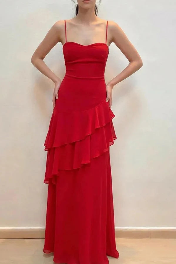 Red Tiered Sweetheart Spaghetti-Strap Lace-Up-Back Prom Dress
