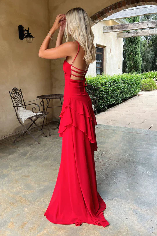 Red Tiered Sweetheart Spaghetti-Strap Lace-Up-Back Prom Dress