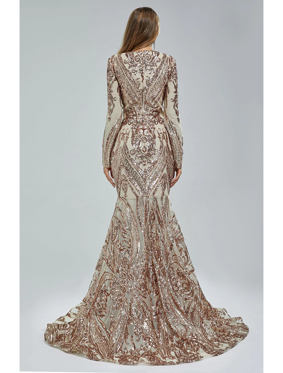 Meerjungfrau/Trompete Abendkleid Elegantes Kleid Karneval Formell Hofschleppe Langarm V-Ausschnitt Afroamerikaner Spitze mit Pailletten