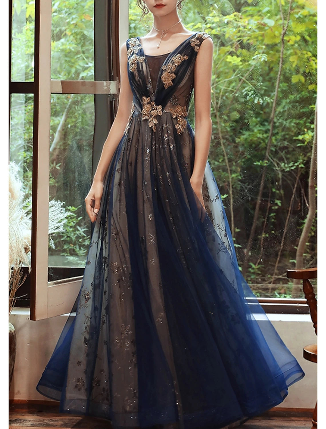 A-Line Prom Dresses Glittering Dress Wedding Guest Evening Party Floor Length Sleeveless Scoop Neck Organza with Sequin