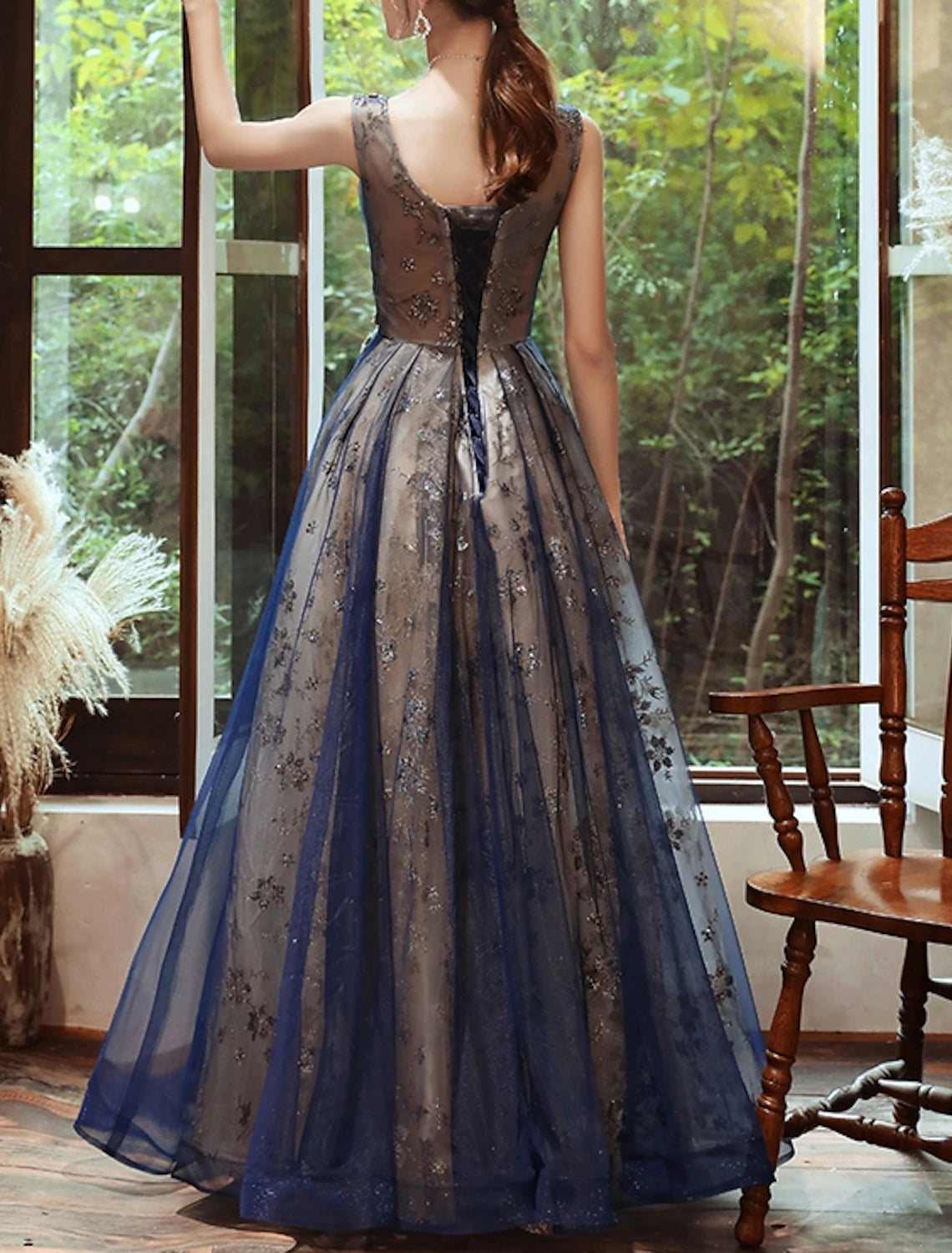 A-Line Prom Dresses Glittering Dress Wedding Guest Evening Party Floor Length Sleeveless Scoop Neck Organza with Sequin