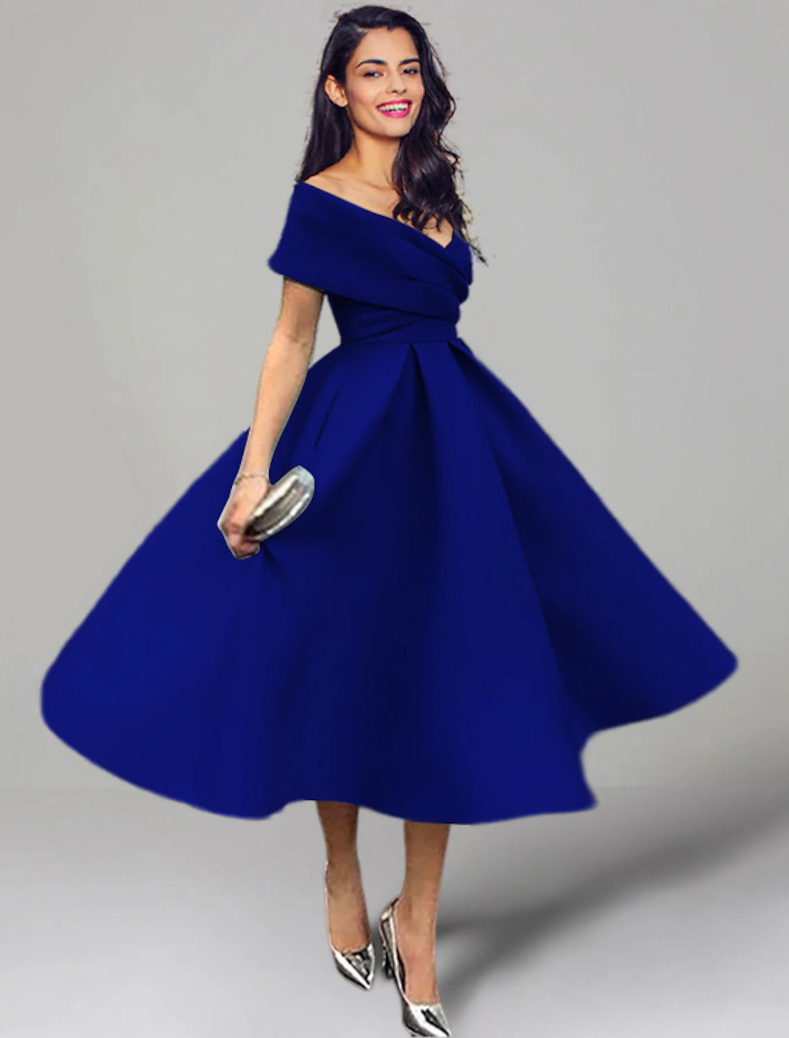 Robe de soirée de mariage trapèze, robe vintage d'été semi-formelle, longueur thé, sans manches, épaules dénudées, satin avec fronces