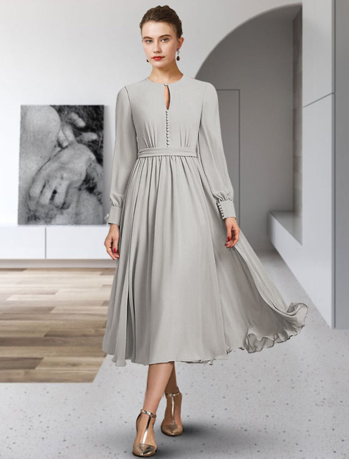 A-Linie Kleid für die Brautmutter, elegant, Rundhalsausschnitt, knielang, Chiffon, lange Ärmel, mit Schleife(n), Knöpfen, Falten