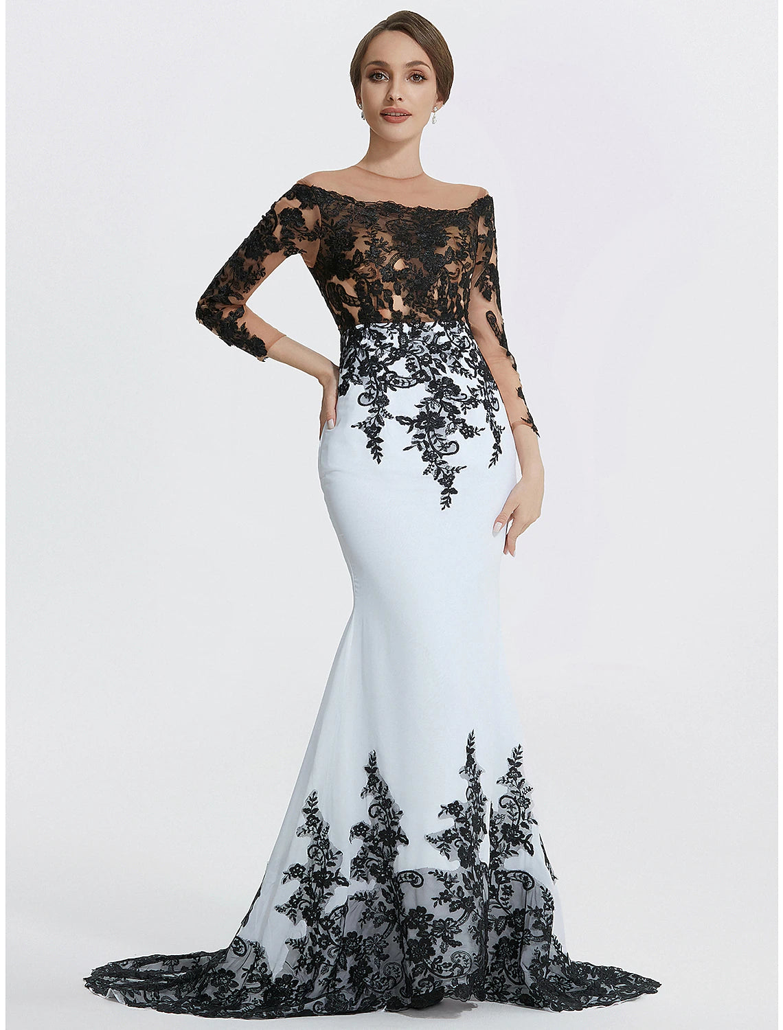 Meerjungfrau-Abendkleid, elegantes schwarzes Kleid, Maskerade, schwarze Krawatte, Farbblock, Sweep/Pinselzug, lange Ärmel, Rundhalsausschnitt, Chiffon mit Applikationen