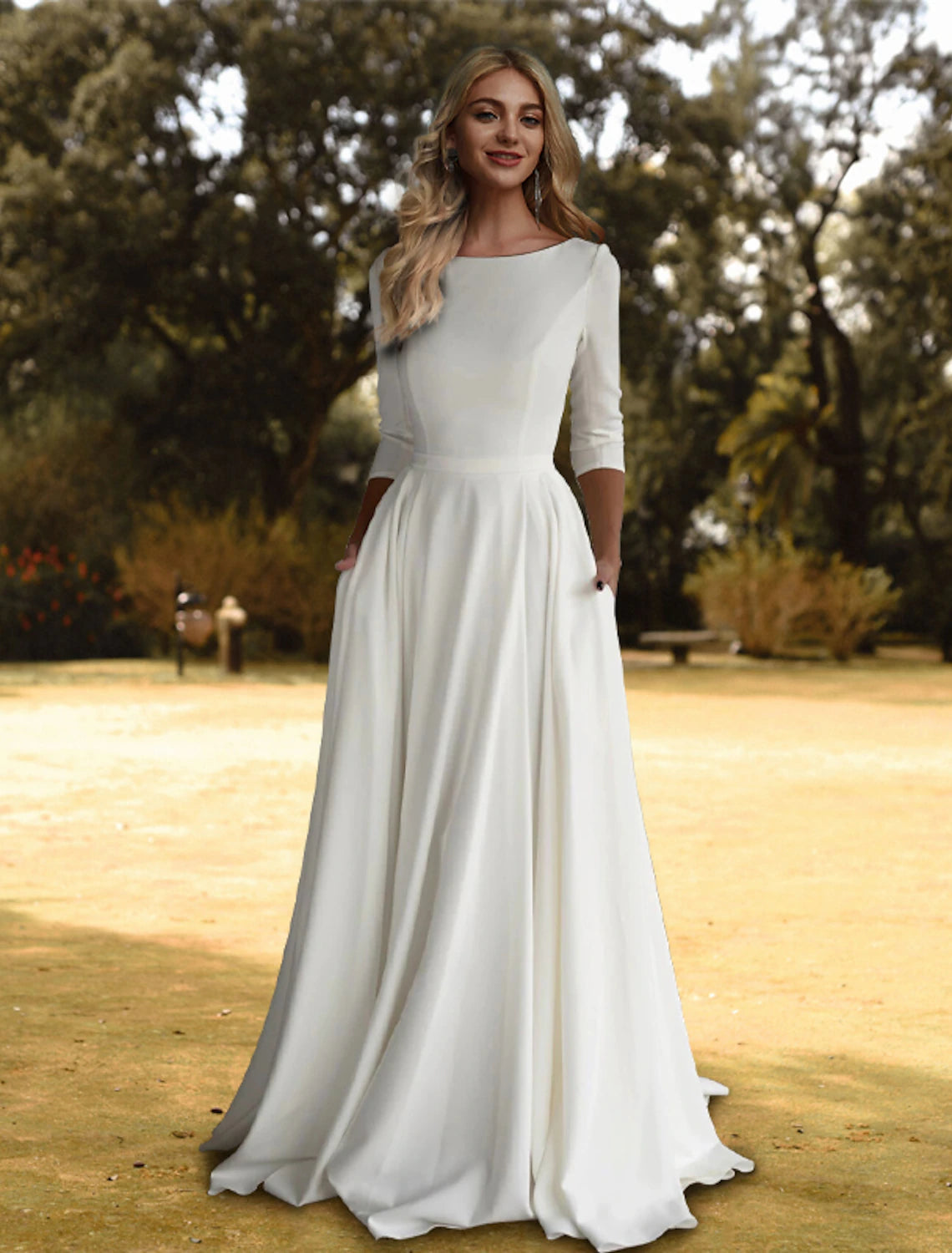 Robe de mariée décontractée d'automne, coupe trapèze, col rond, manches 3/4, traîne courte, tissu extensible, plissée, couleur unie