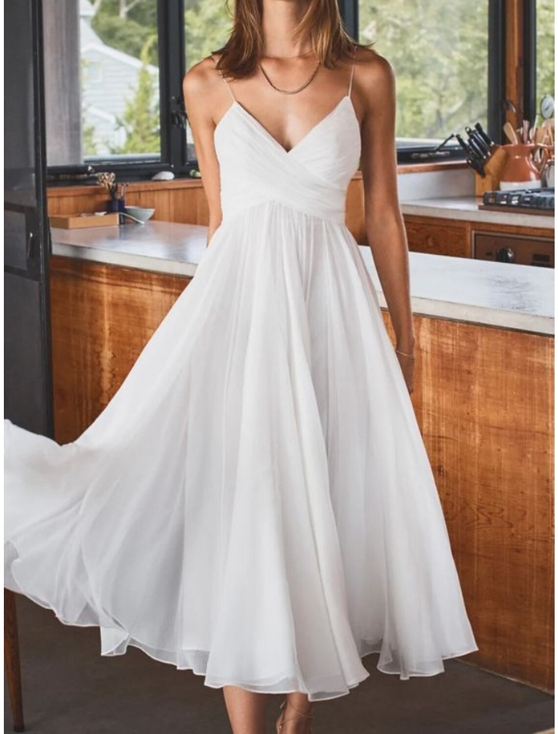Einfache Brautkleider Brautkleider A-Linie V-Ausschnitt Langarm Tee Länge Chiffon Brautkleider Mit Falten Einfarbig