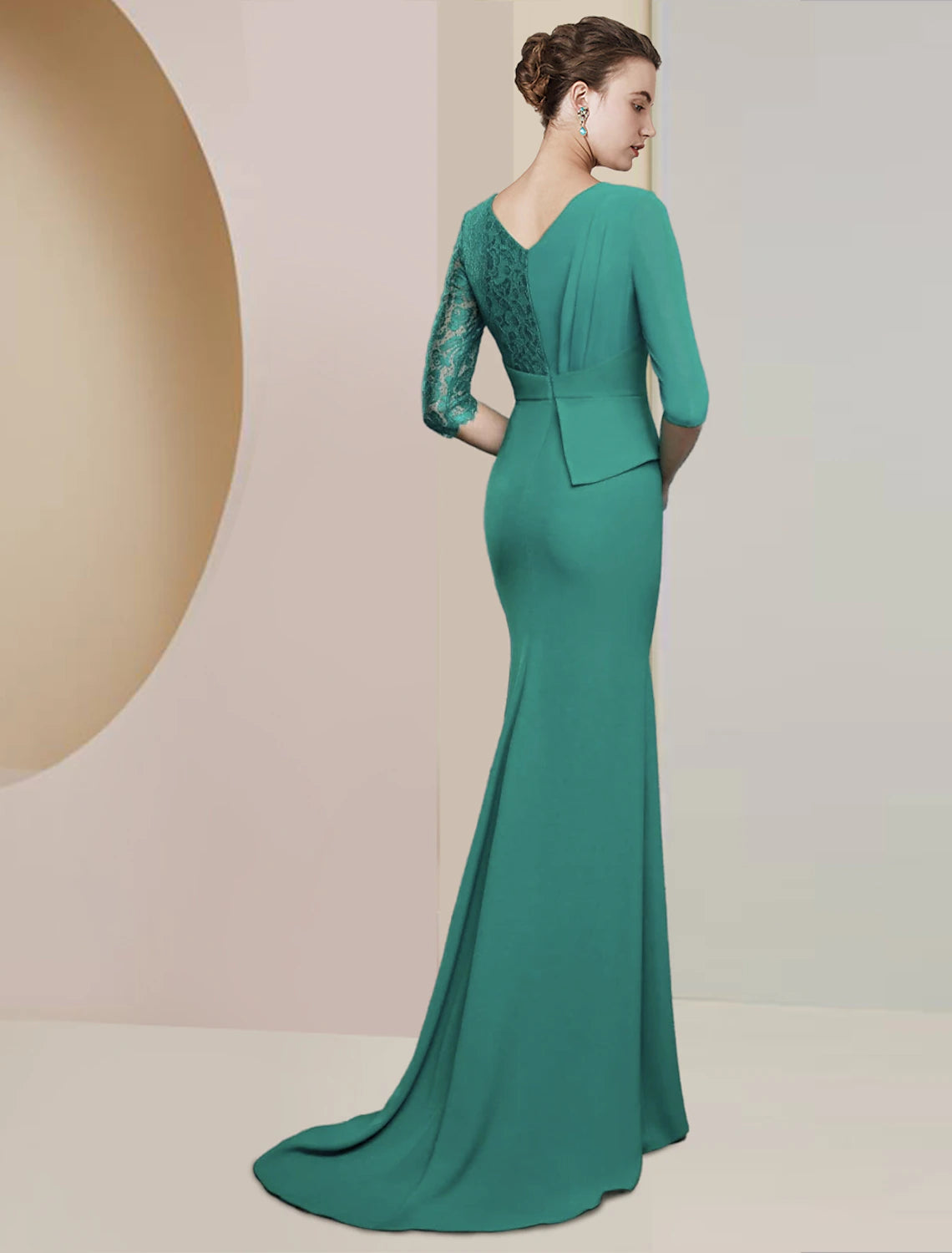 Etuikleid/Säulenkleid für die Brautmutter, formelle Hochzeitsgastparty, elegant, V-Ausschnitt, bodenlang, Chiffon, Spitze, halbe Ärmel mit Rüschen