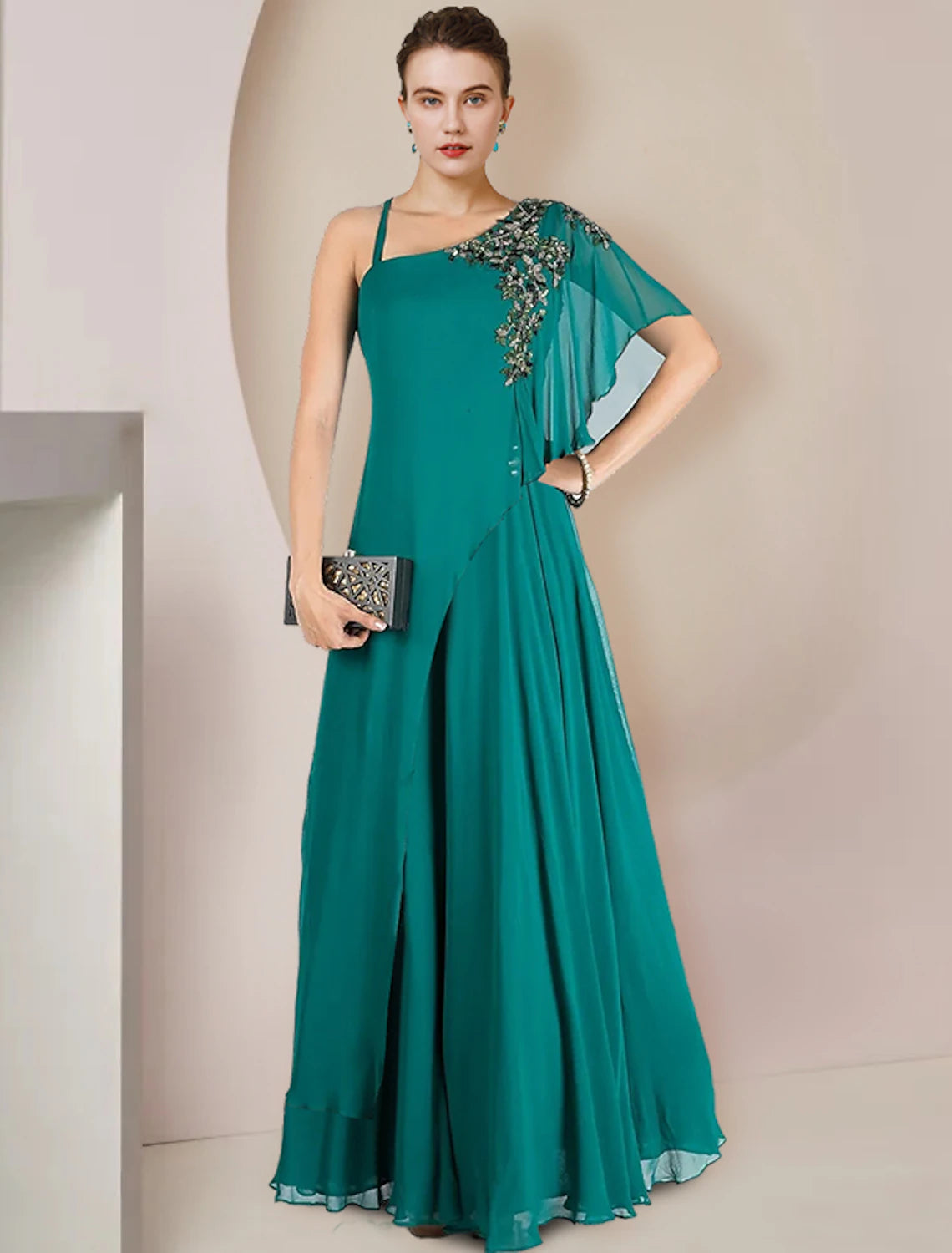 A-Linien-Kleid für die Mutter der Braut, formeller Hochzeitsgast, elegant, ein Schulterträger, bodenlang, Chiffon, ärmellos, mit Faltenapplikationen