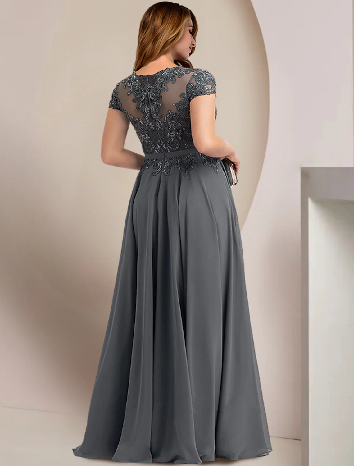 Plus Size Curve Kleid für die Brautmutter, Hochzeitsgast, elegant, Party, Rundhalsausschnitt, bodenlang, Chiffon, Spitze, kurze Ärmel mit Falten, Pailletten