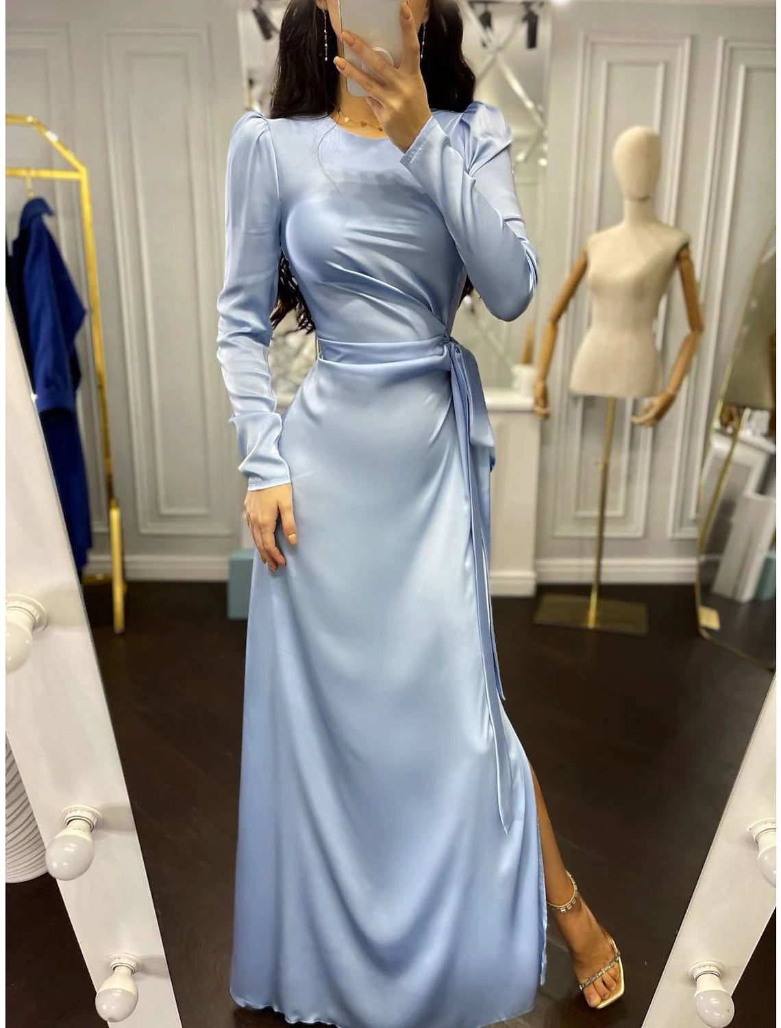 Etuikleid Partykleid Abendkleid Elegantes Kleid Hochzeitsgast Herbst Bodenlang Langarm Stehkragen Brautjungfernkleid Satin mit Rüschen
