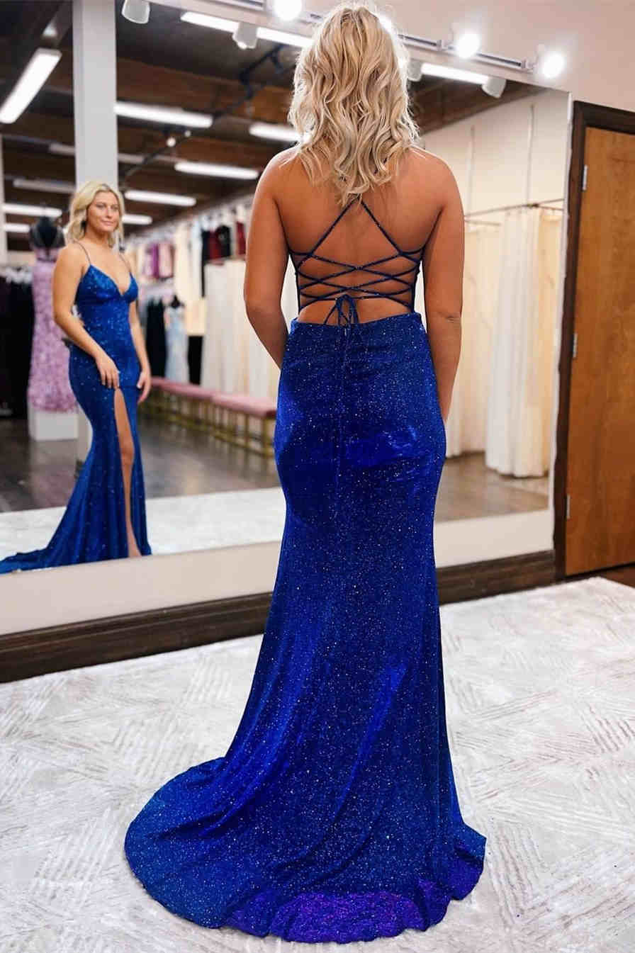 Royal‑Blue Mermaid Spaghetti‑Strap Deep‑V Crisscross‑Lace‑Up‑Back High‑Slit Glitter‑Velvet Floor‑Length Prom Dress