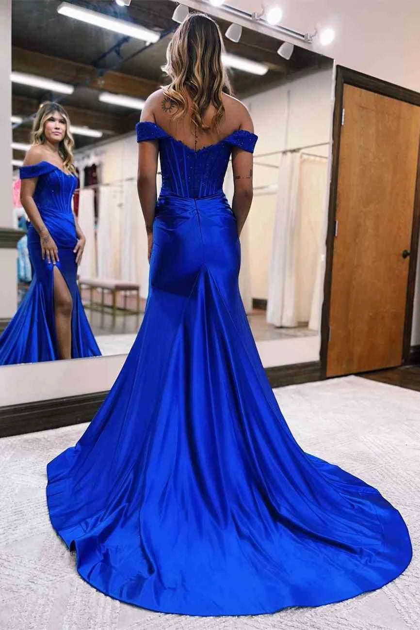 Royal‑Blue Mermaid Sweetheart Off‑The‑Shoulder Open‑Back Floor‑Length Prom Dress