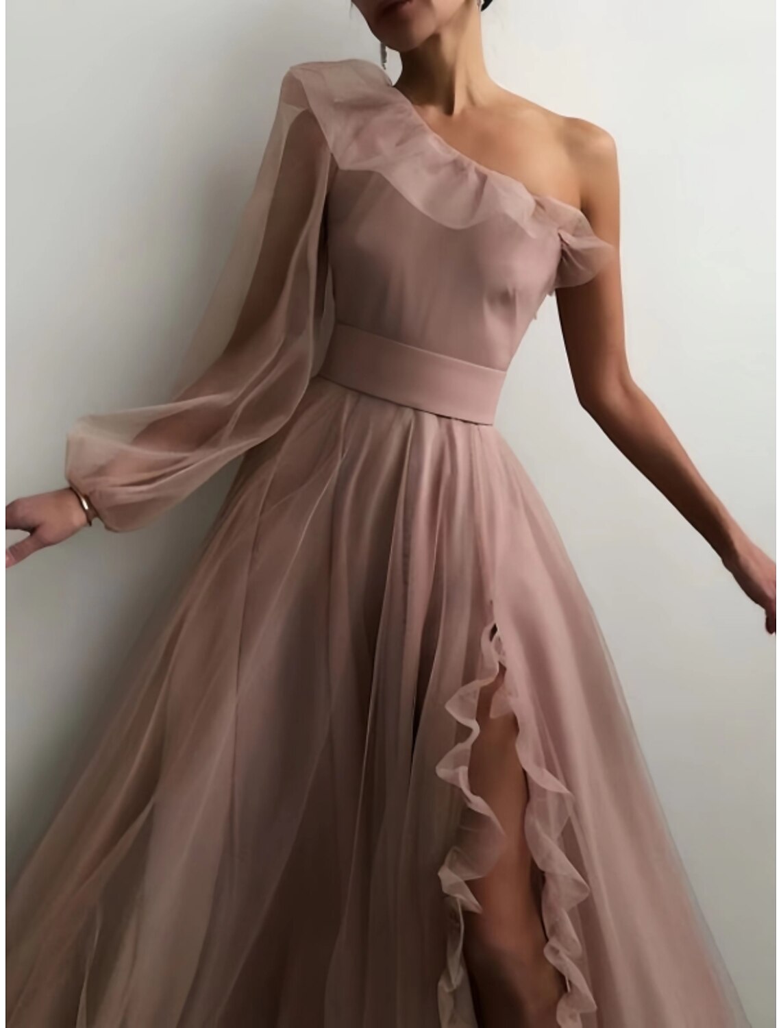 Etuikleid Partykleid Ballkleid Elegantes Kleid Abschlussball Geburtstag Bodenlang Langarm Ein Schulter Tüll mit Falten Rüschen Schlitz