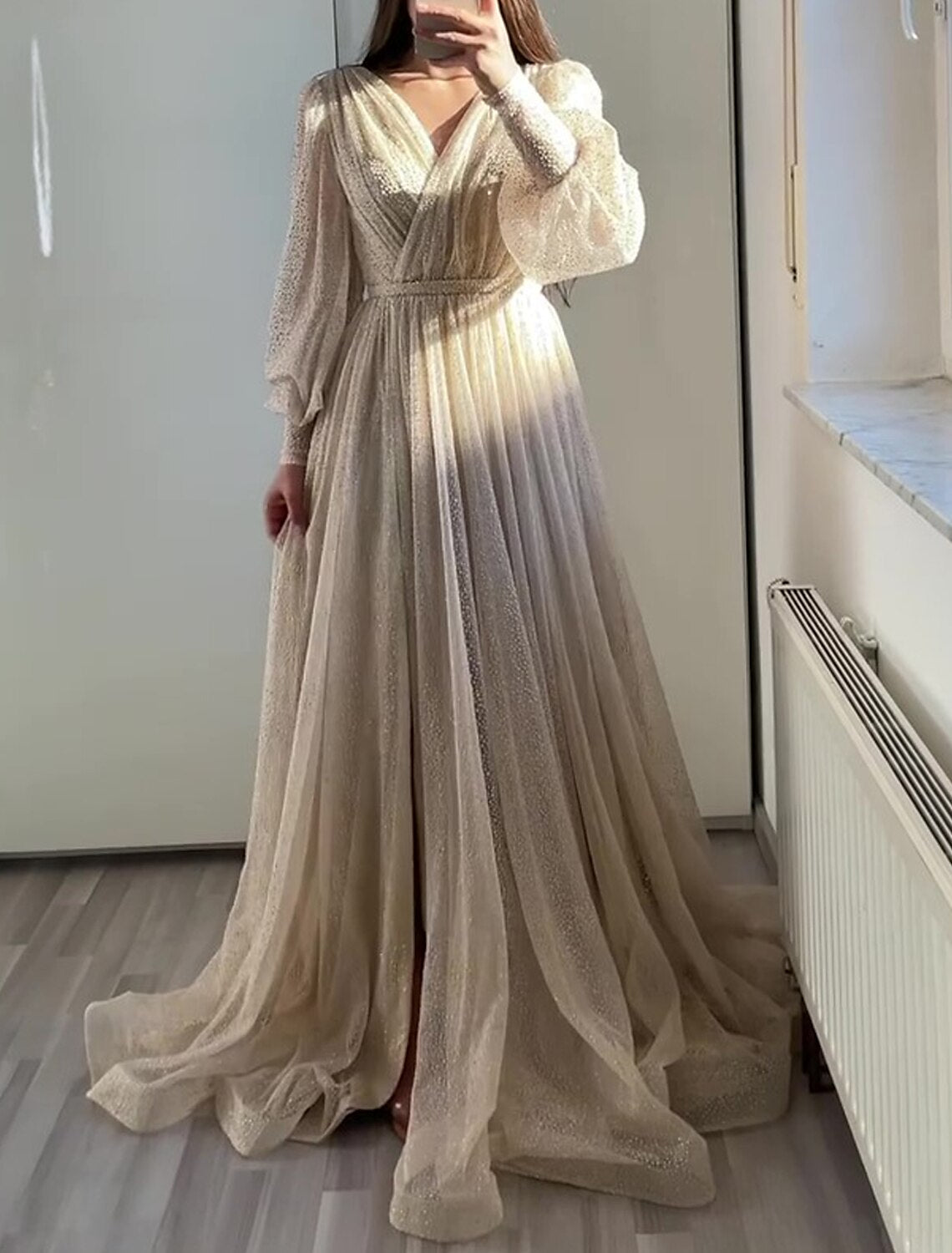 Robe de bal trapèze élégante, tenue de soirée, noire, longueur au sol, manches longues, col en V, tulle froncé, pour invité de mariage
