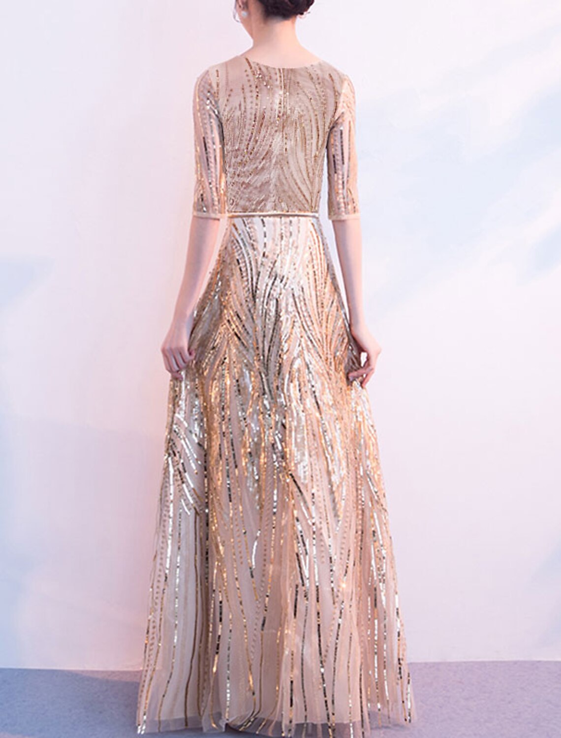 A-Line Minimalist Elegant Wedding Guest Formal Evening Dress Jewel Neck Half Sleeve Floor Length Sequined with Sash / Ribbon Sequin