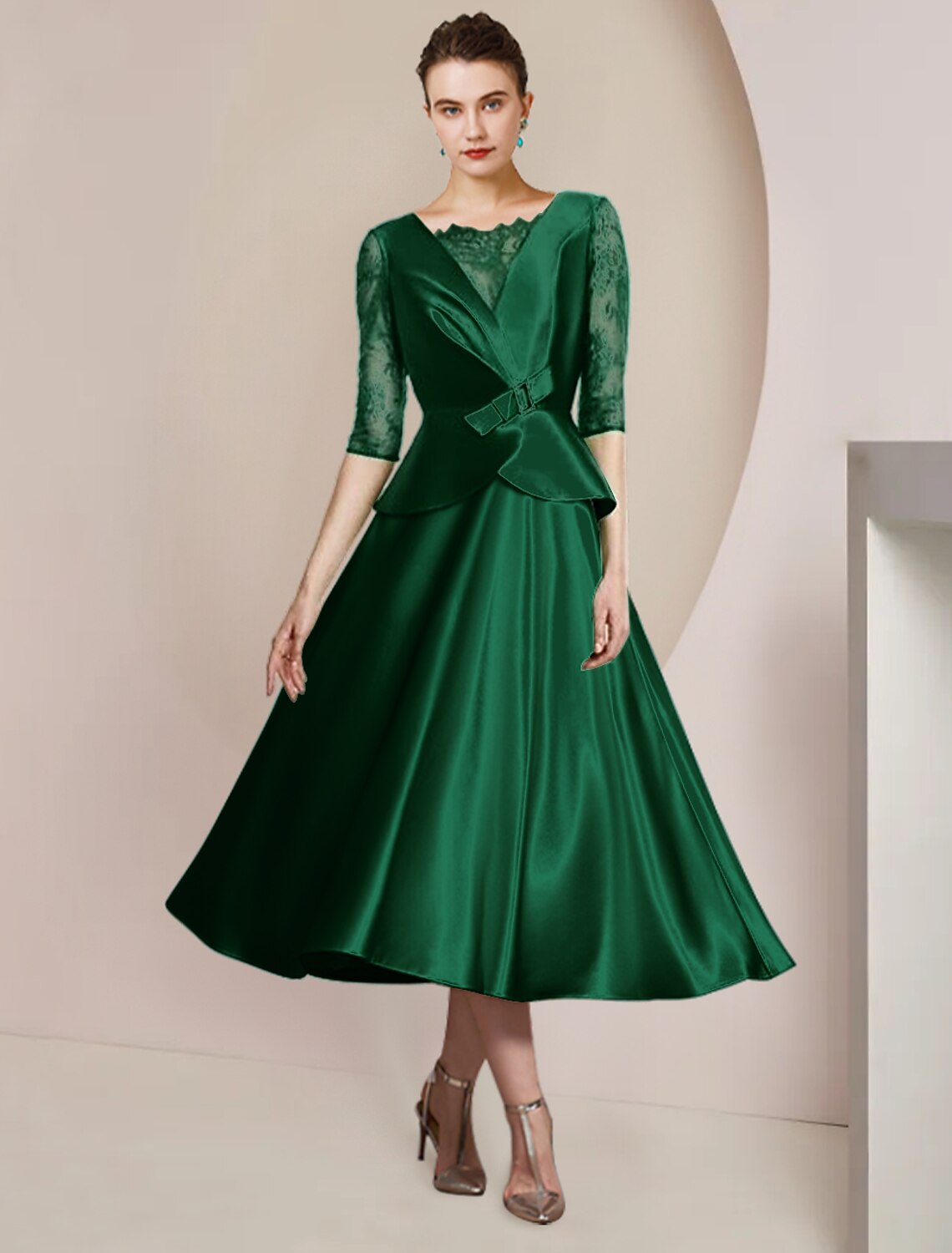 A-Linie Kleid für die Brautmutter, Hochzeitsgast, Party, elegant, U-Ausschnitt, teelang, Satin, Spitze, halbe Ärmel, mit Schleife(n), Rüschen