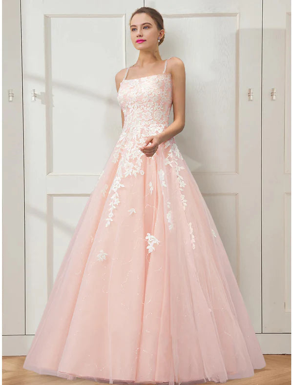 Robe de bal à fleurs, longueur au sol, sans manches, bretelles spaghetti, tulle, dos croisé avec broderie