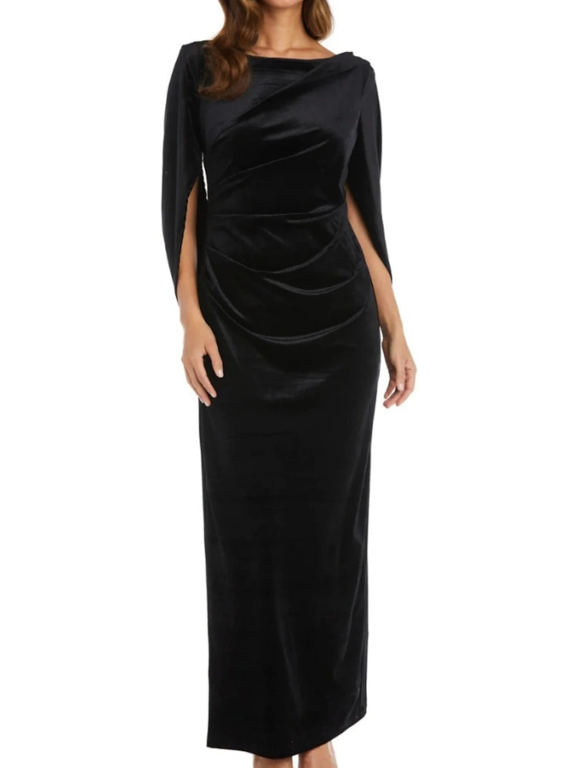 Etuikleid/Säulenkleid für die Brautmutter, elegantes U-Ausschnitt-Kleid für Hochzeitsgäste, knöchellang, Samt, kurze Ärmel, mit Rüschen, einfarbig