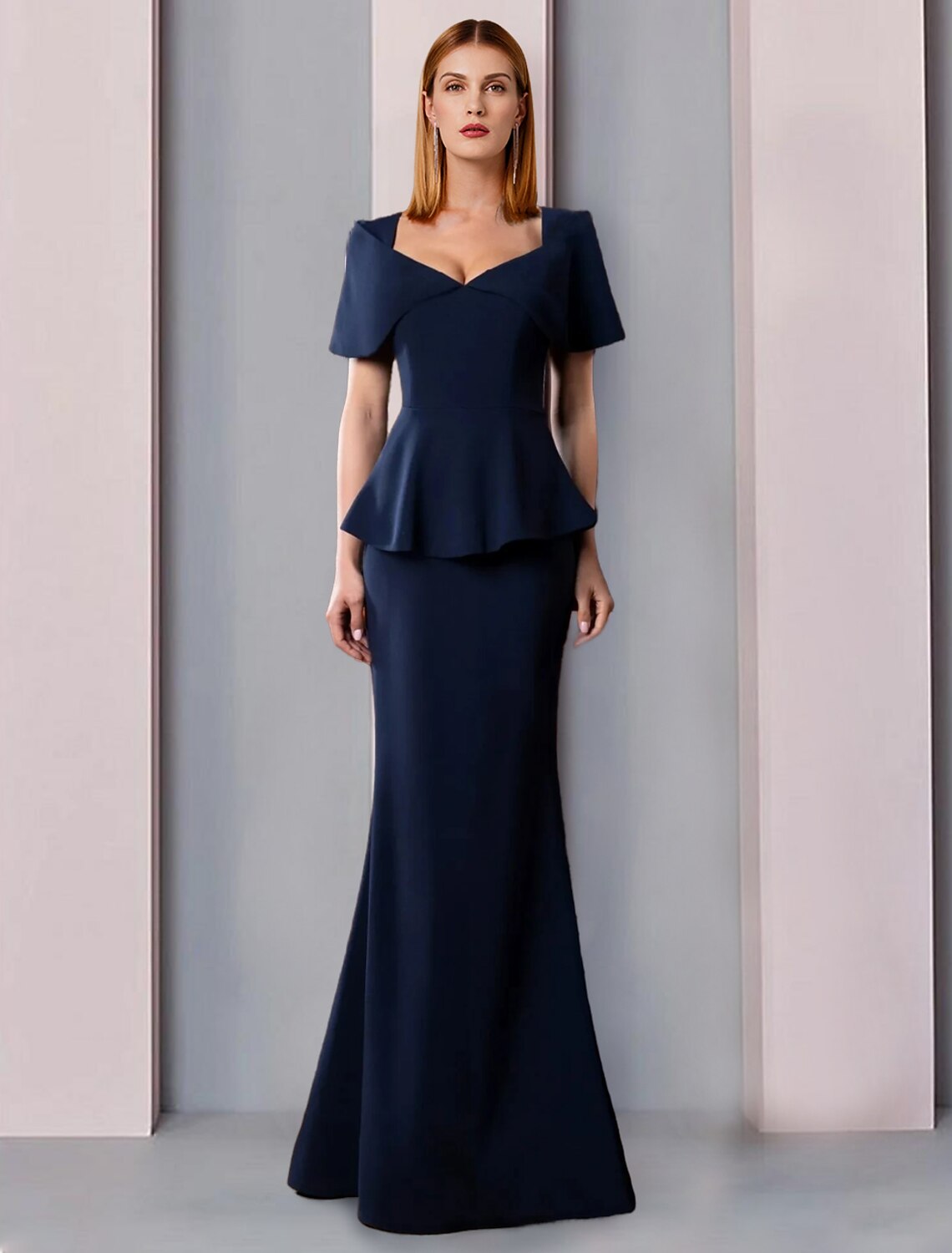 A-Linien-Kleid für die Mutter der Braut, formeller Hochzeitsgast, elegant, quadratischer Ausschnitt, bodenlang, Stretch-Stoff, kurze Ärmel, mit Rüschen, einfarbig