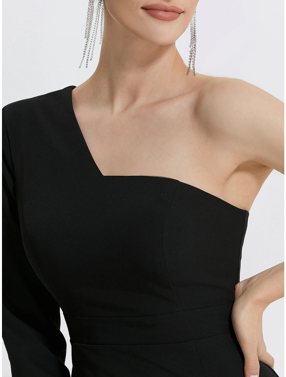 Meerjungfrau-Abendkleid, elegantes schwarzes Kleid, Hochzeitsgast, Abschlussball, bodenlang, lange Ärmel, eine Schulter, Stretchstoff mit Schlitz