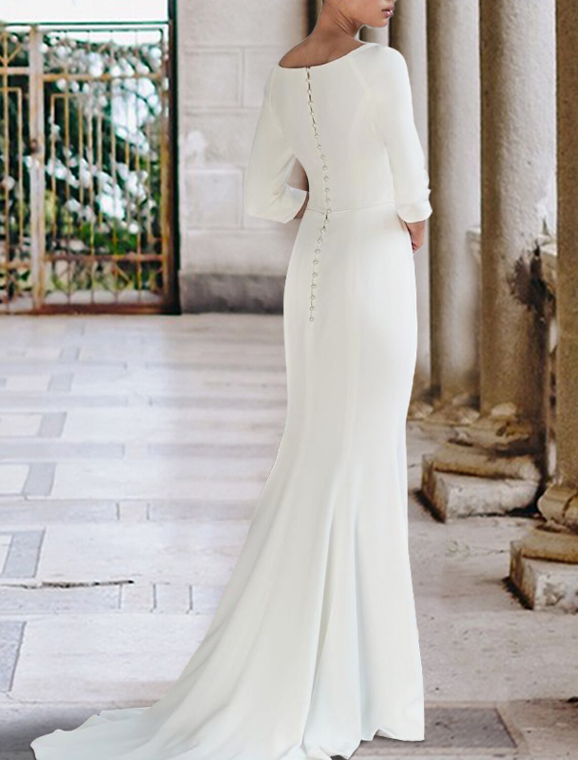 Hall Casual Brautkleider Meerjungfrau / Trompete Herzausschnitt 3/4 Länge Ärmel Sweep / Pinsel Schleppe Stretch Stoff Brautkleider mit Volltonfarbe