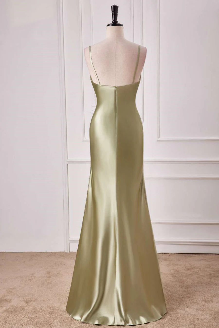 Sage‑Green Mermaid Spaghetti‑Strap Deep‑V Backless Floor‑Length Satin Formal Prom Dress