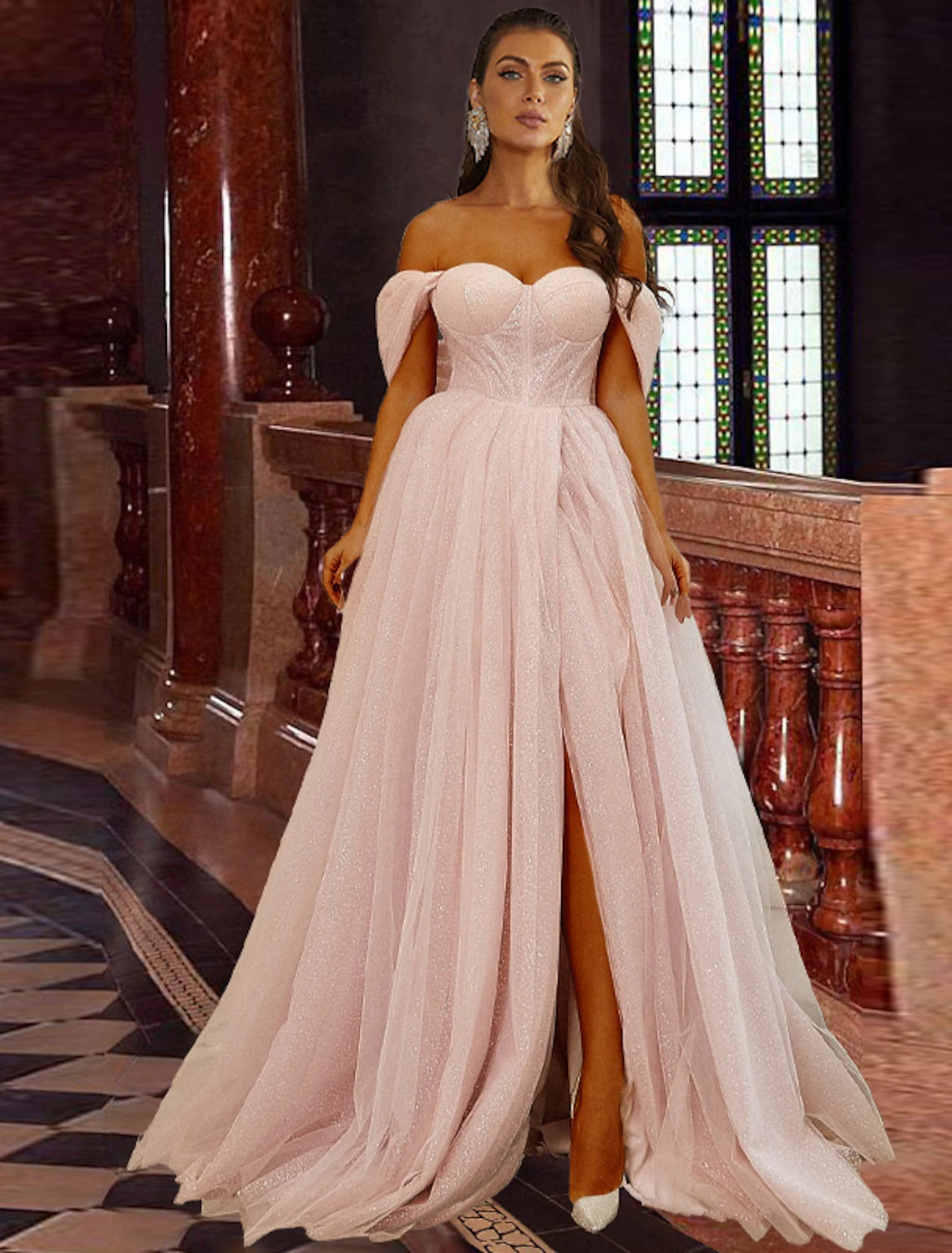 Robe de bal trapèze, corset, robe de bal, anniversaire, traîne courte, manches courtes, épaules dénudées, tulle avec plis pailletés et fente