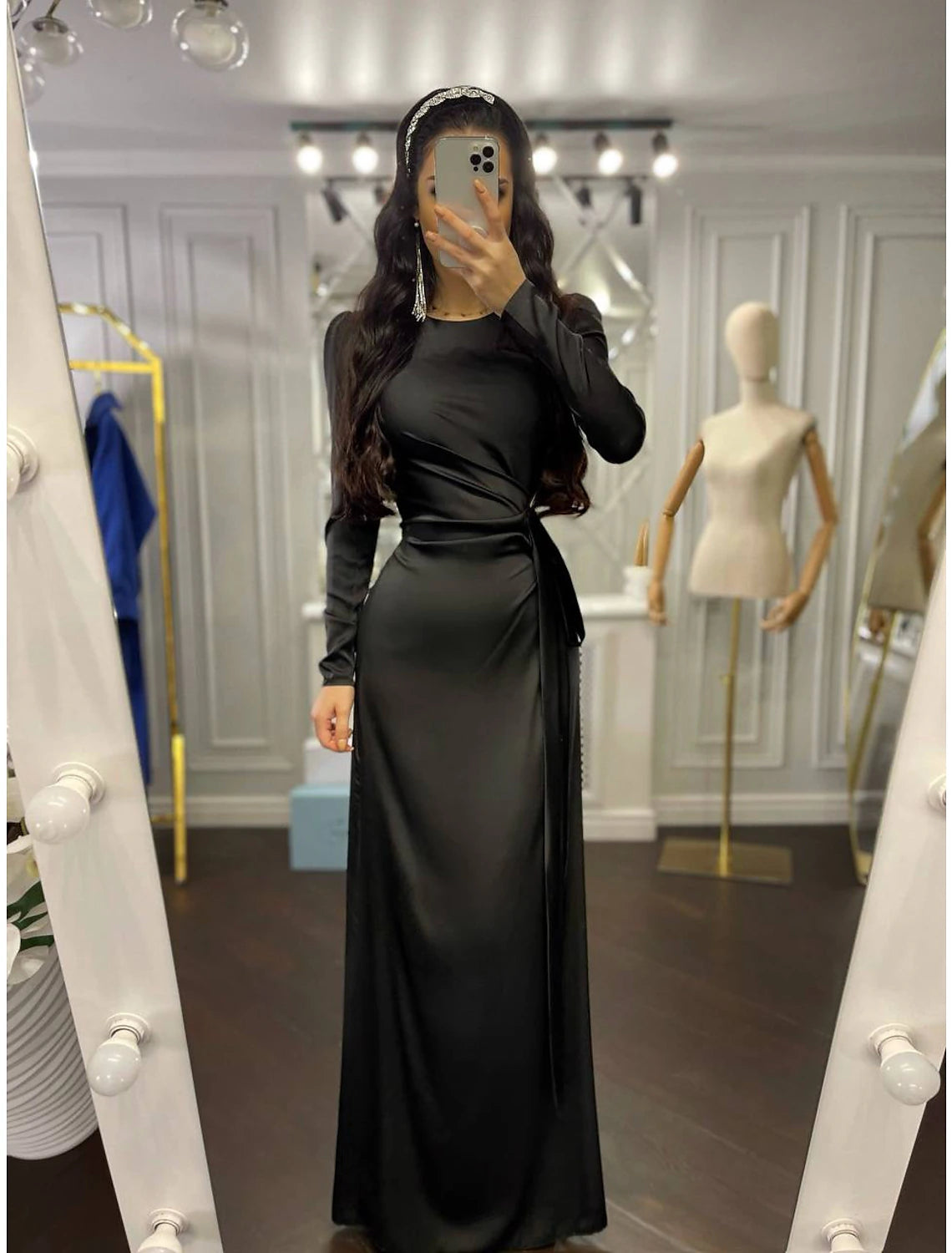 Etuikleid Partykleid Abendkleid Elegantes Kleid Hochzeitsgast Herbst Bodenlang Langarm Stehkragen Brautjungfernkleid Satin mit Rüschen