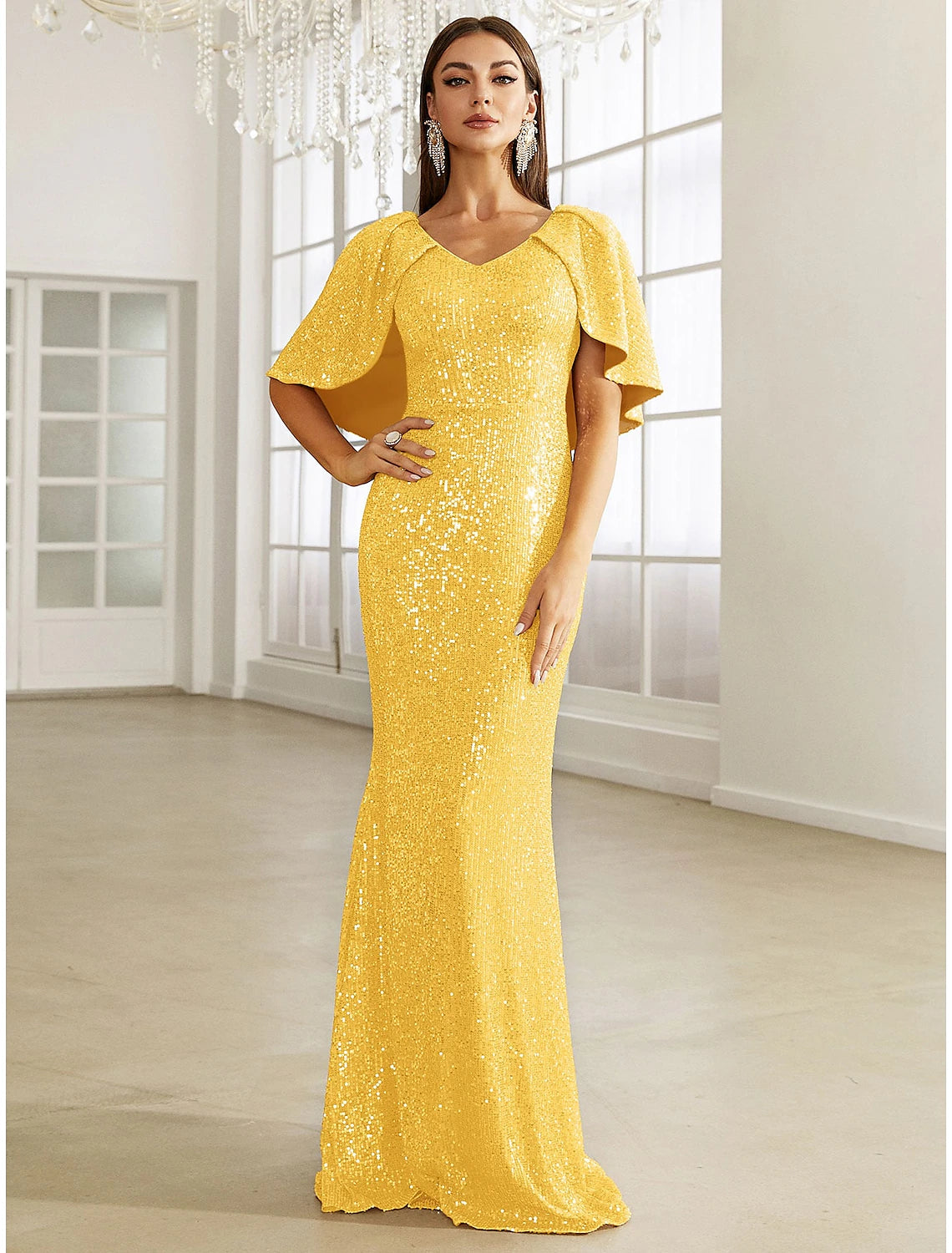 Meerjungfrau/Trompete Abendkleid Elegantes Kleid Formell Herbst Sweep/Pinsel Schleppe Halbe Ärmel V-Ausschnitt Pailletten mit Glitzer