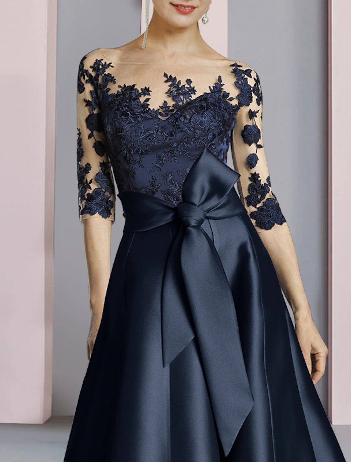 Etuikleid/Säulenkleid für die Brautmutter, Herbst, Hochzeitsgast, Party, elegant, Rundhalsausschnitt, knöchellang, Satin, Spitze, halbe Ärmel, mit Schleife(n), Falten