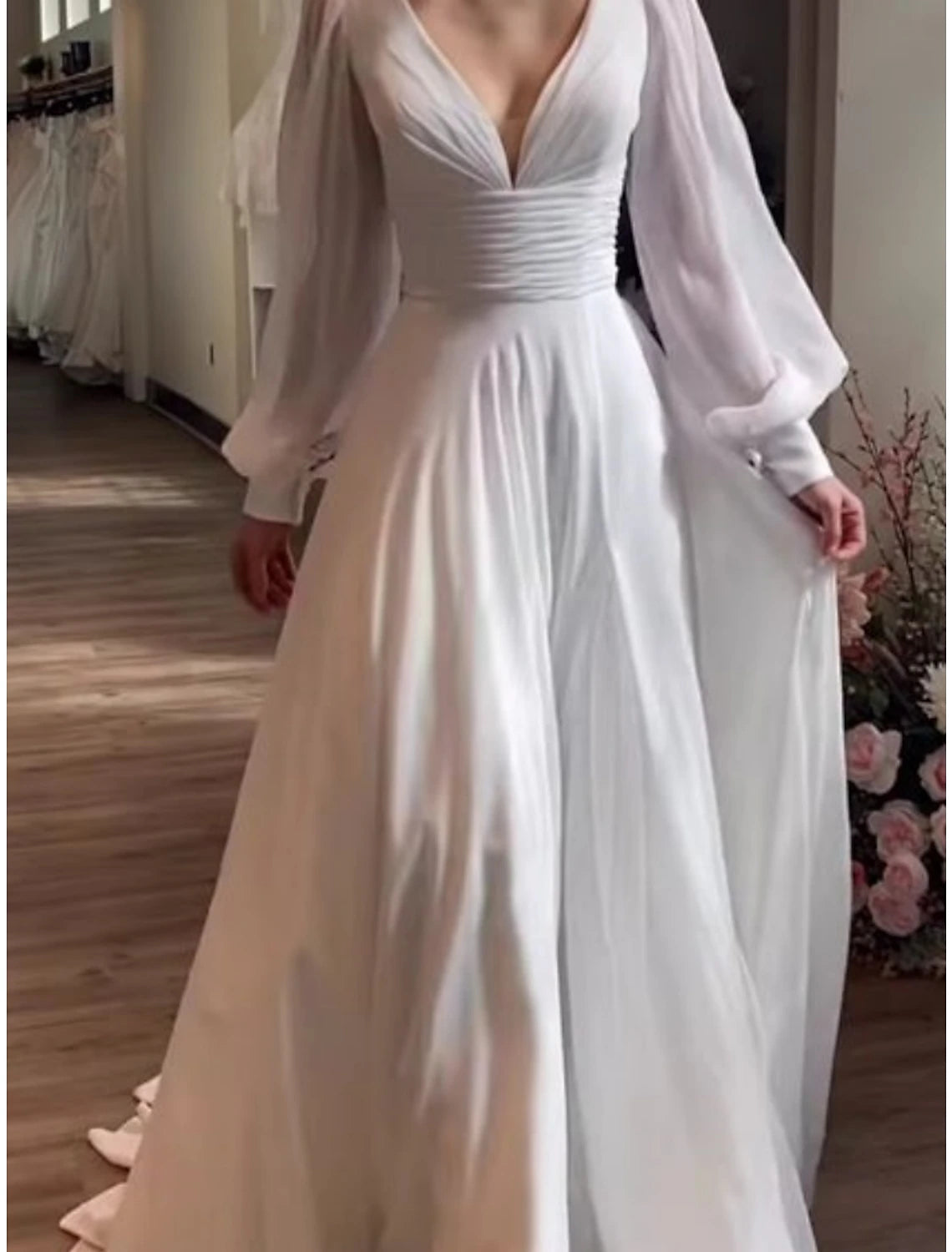 Einfache Brautkleider Brautkleider A-Linie Off Shoulder Flügelärmeln Tee Länge Satin Brautkleider Mit Falten Einfarbig