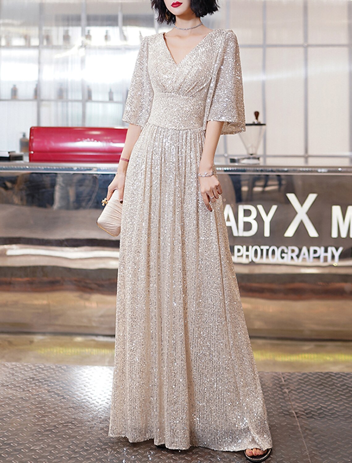 A-Line Party Dress Sparkle Elegant Engagement Prom Dress V Neck Half Sleeve Floor Length Sequined with Pleats Sequin