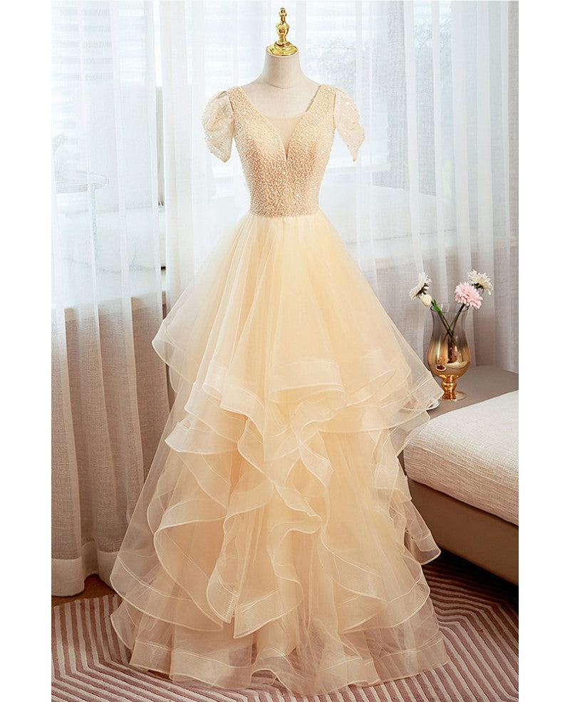 Robe de soirée élégante à manches courtes en paillettes et perles, col en V champagne, bretelles dos nu, bords volantés et robe de bal longue au sol