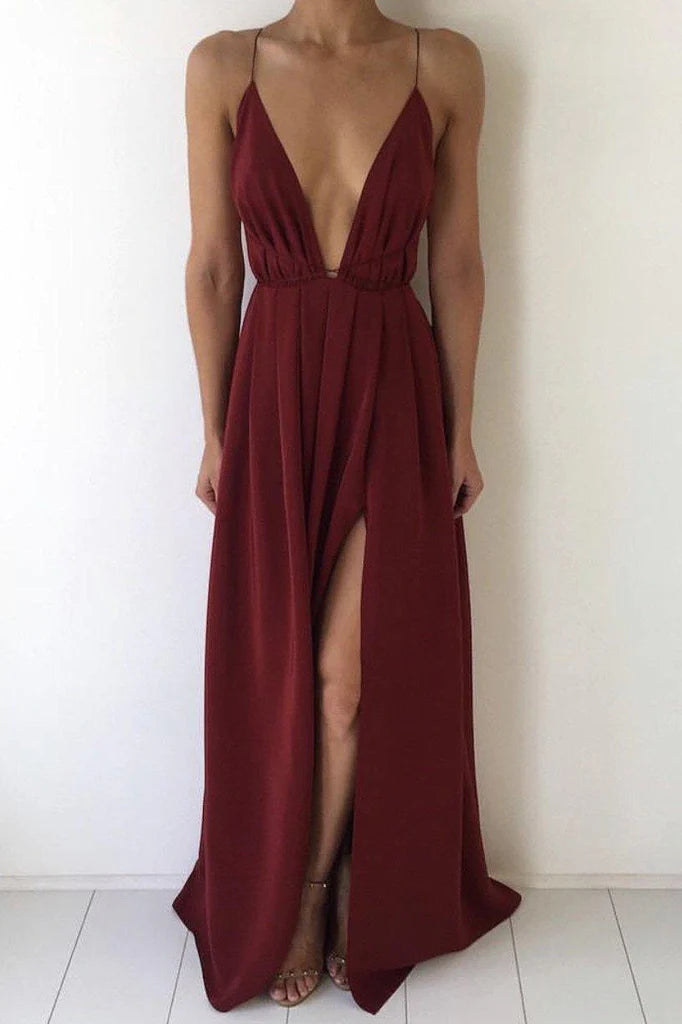 Reifes Ballkleid mit V-Ausschnitt, dünnen Schultergurten, dünnen Schultergurten, offenem Rücken und Schlitz vorne