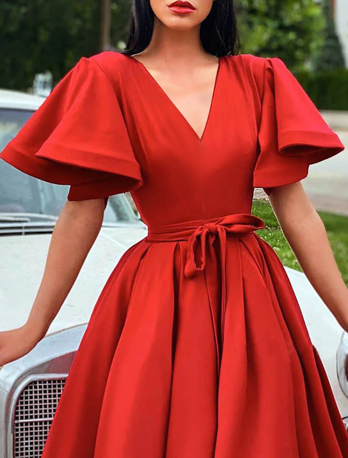 A-Line Cocktail Party Dress Elegant Dress Wedding Guest Fall Tea Length Short Sleeve V Neck Satin with Pleats Strappy