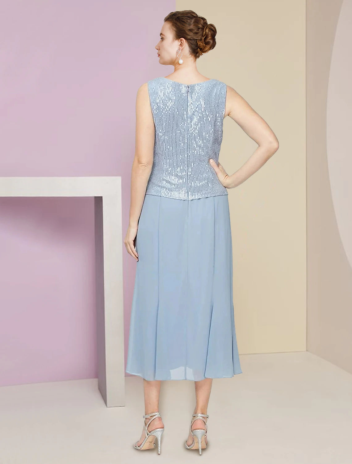 Zweiteiliges A-Linien-Kleid für die Mutter der Braut, Hochzeitsgast, Winter, mit Jacke, 3/4-Ärmel, U-Ausschnitt, teelang, Chiffon, Pailletten, Falten, Pailletten, einfarbig, funkeln und glänzen, zierlich