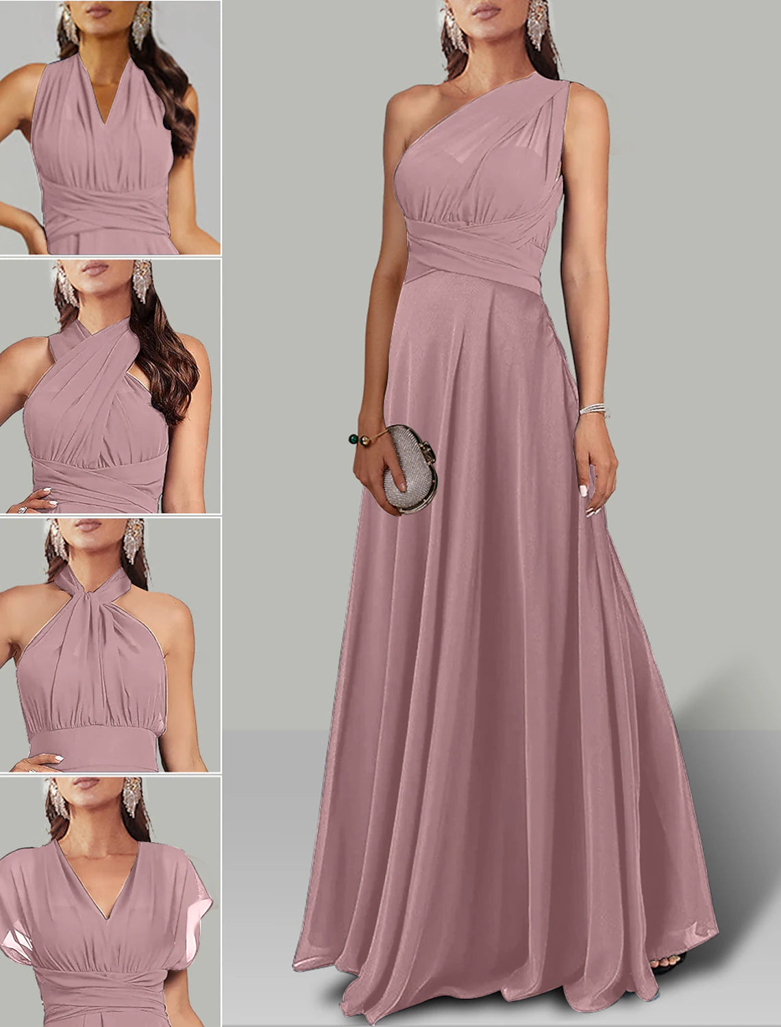 Robe de mariée trapèze, robe Infinity, robe de soirée, longueur au sol, manches courtes, col licou, convertible, en mousseline de soie avec fronces