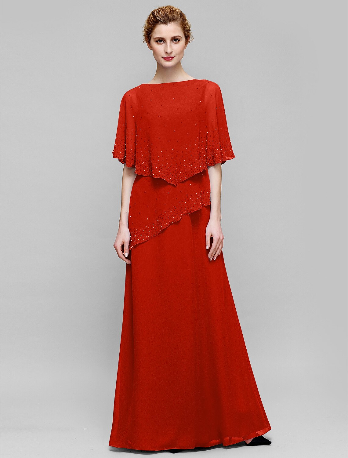 Etuikleid/Säulenkleid für die Brautmutter, elegant, U-Boot-Ausschnitt, bodenlang, Chiffon, ärmellos, mit Perlenstickerei