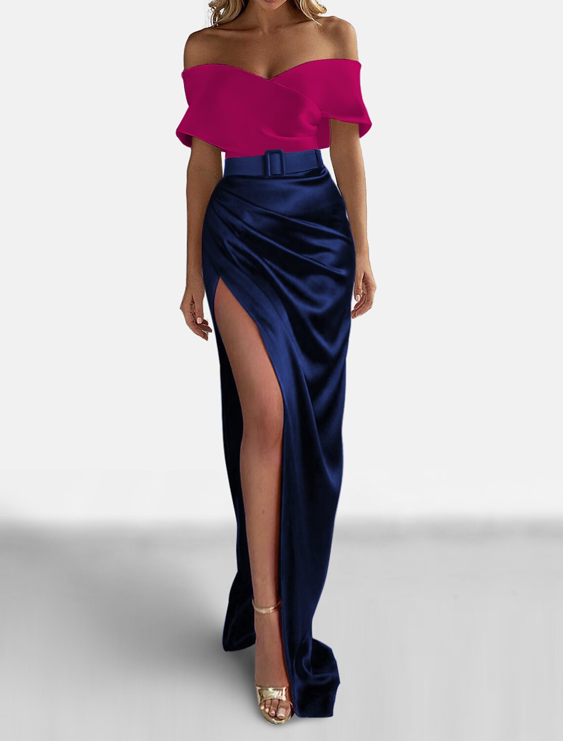Etuikleid Abendkleid Elegantes Kleid Formal Sweep / Brush Train Rot Grün Kleid Kurzarm Off Shoulder Satin mit gerüschtem Schlitz