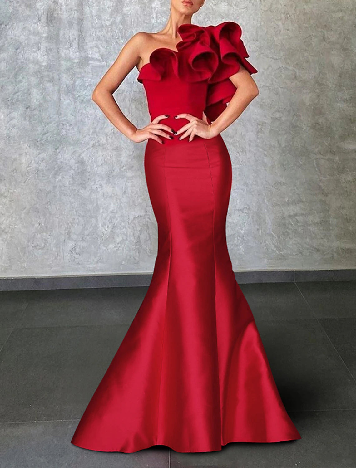 Meerjungfrau Schwarzes Kleid Abendkleid Korsettkleid Formelle Hochzeitsgäste Bodenlang Ärmellos Eine Schulter Taft mit Rüschen Schulterblume