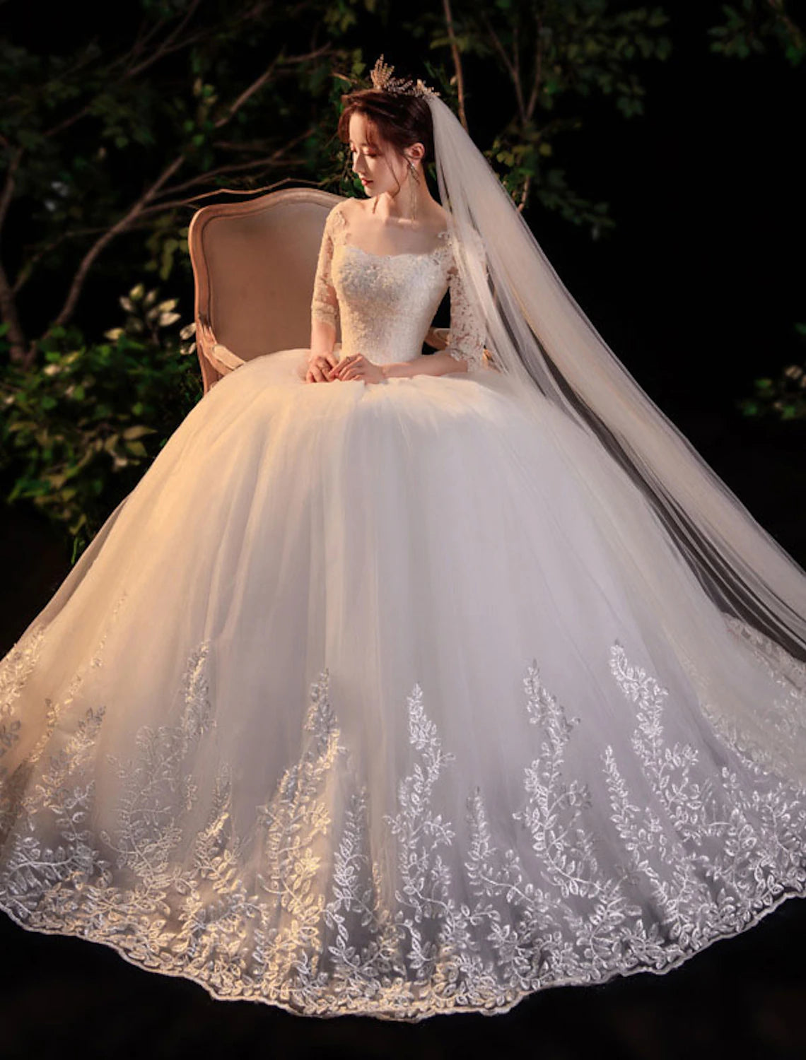 Empfang Formale Brautkleider Ballkleid Illusion Neck Halbarm Bodenlangen Spitze Brautkleider Mit Applikationen