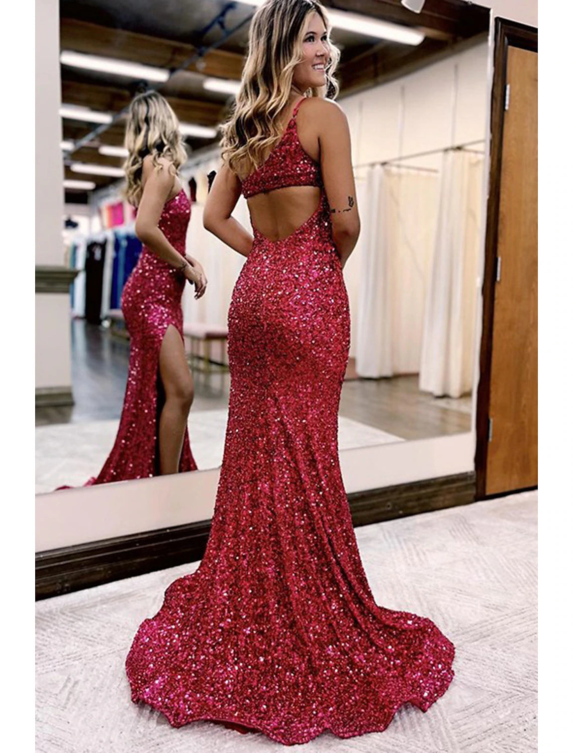 Robe de bal sirène/trompette scintillante et brillante, robe de soirée de mariage formelle, traîne courte, sans manches, une épaule, paillettes avec fente en paillettes