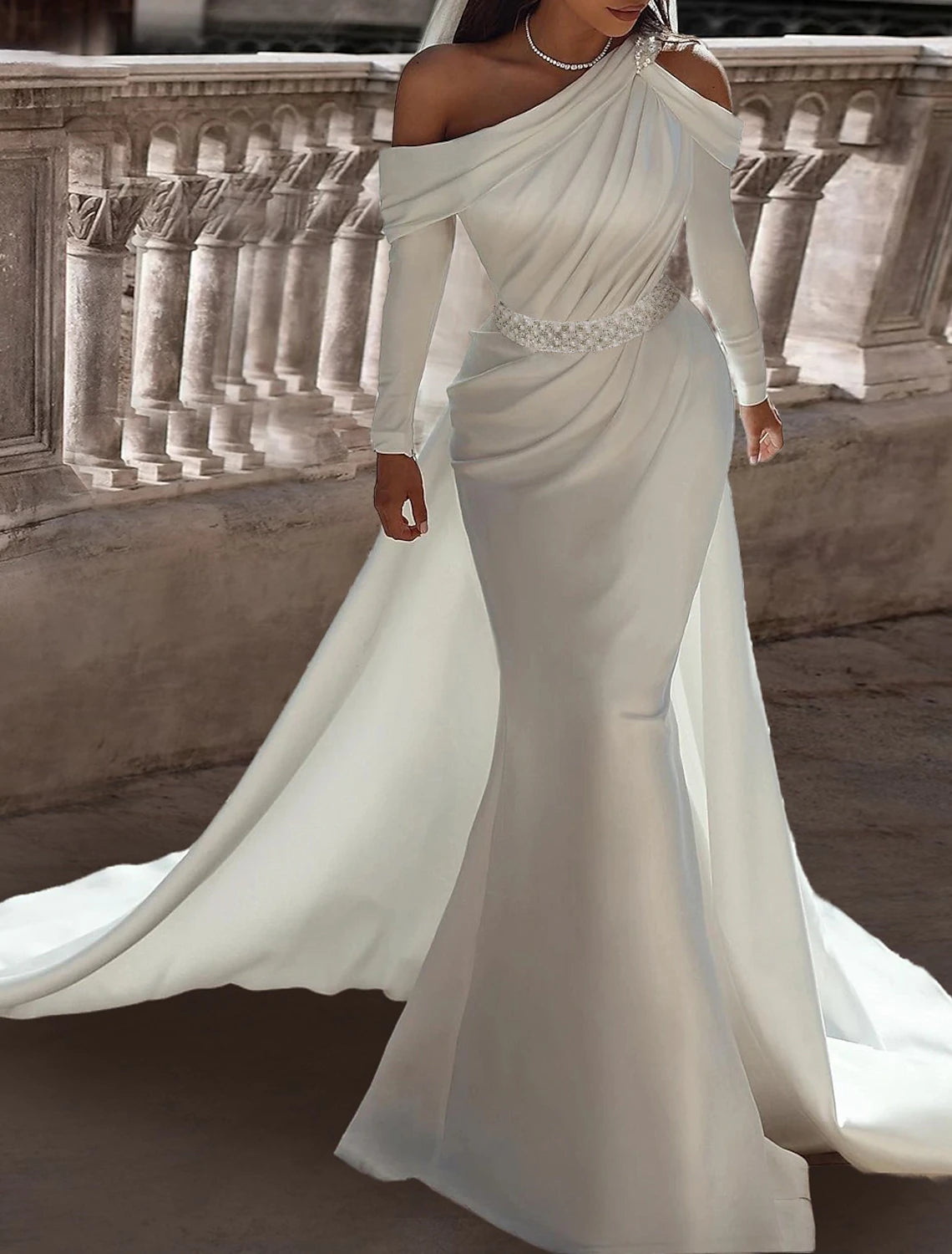Formelle Brautkleider Zweiteilige One-Shoulder Langarm Bodenlangen Satin Brautkleider Mit Schärpe/Band Perlen