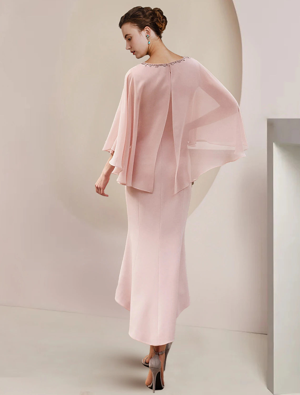 Mermaid / Trumpet Mother of the Bride Dress Formal Wedding Guest Elegant Vintage Party Scoop Neck Asymmetrical Tea Length Chiffon Sleeveless with Beading