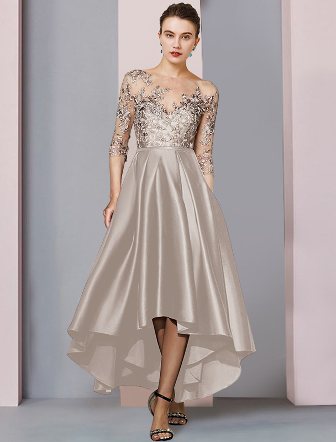 A-Linien-Kleid für die Mutter der Braut, Hochzeitsgast, elegant, hoch, tief, U-Ausschnitt, asymmetrisch, knielang, Satin, Spitze, halbe Ärmel mit Faltenapplikationen