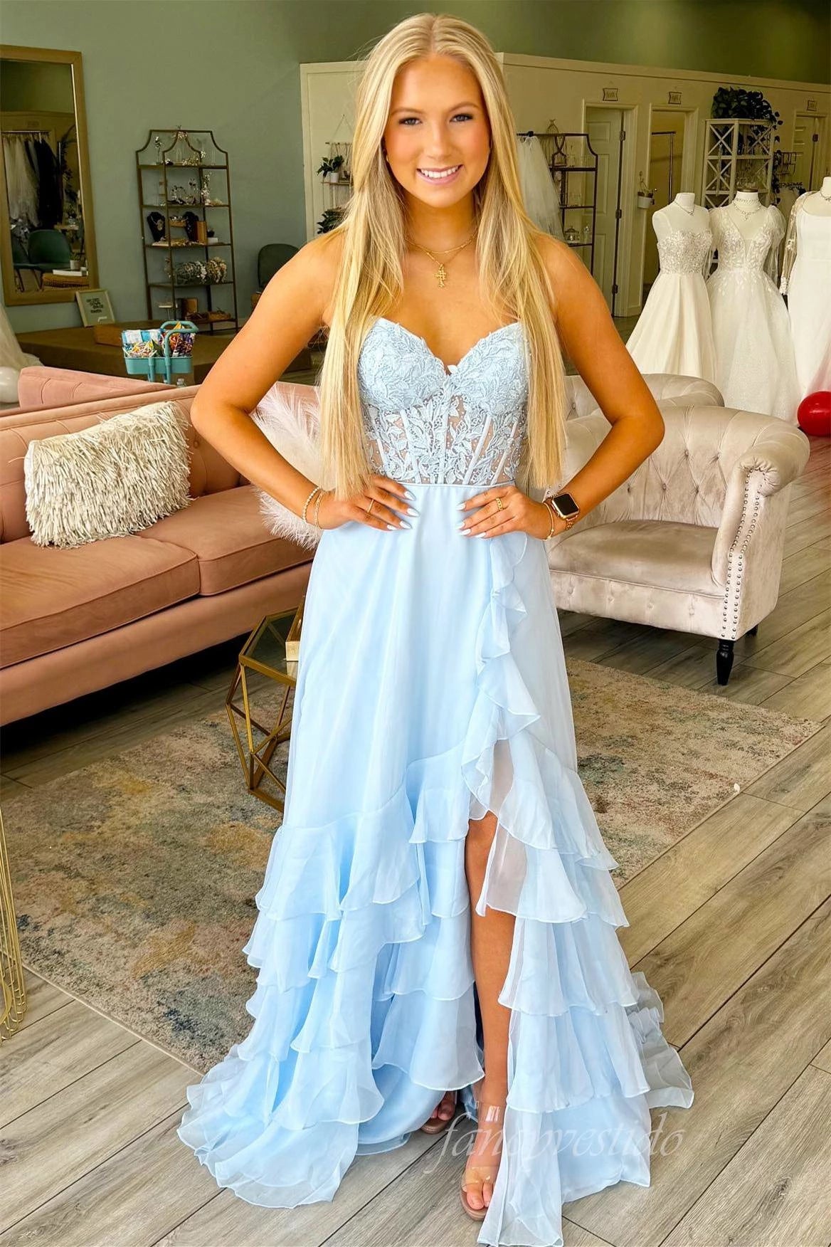 Soft Light‑Blue A‑Line Sweetheart Strapless Open‑Back Floor‑Length Prom Dress