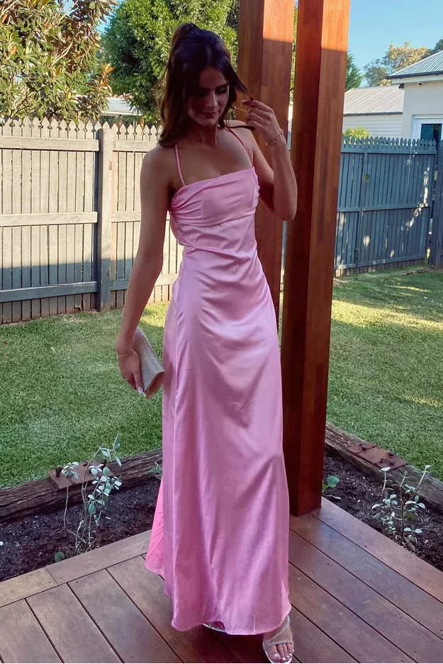 Soft Pink A‑Line Strapless Draped‑Bodice Tie‑Back Floor‑Length Satin Formal Dress