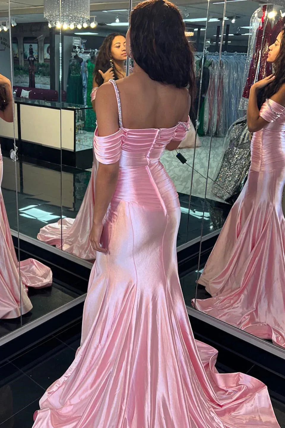 Soft Pink Mermaid Off‑The‑Shoulder Rhinestone‑Strap Ruched‑Back Floor‑Length Satin Prom Dress