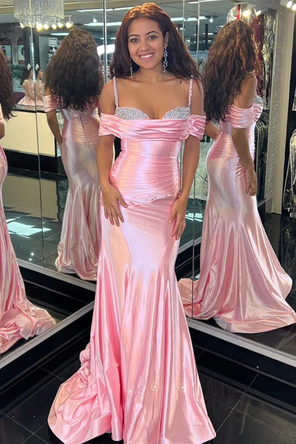 Soft Pink Mermaid Off‑The‑Shoulder Rhinestone‑Strap Ruched‑Back Floor‑Length Satin Prom Dress