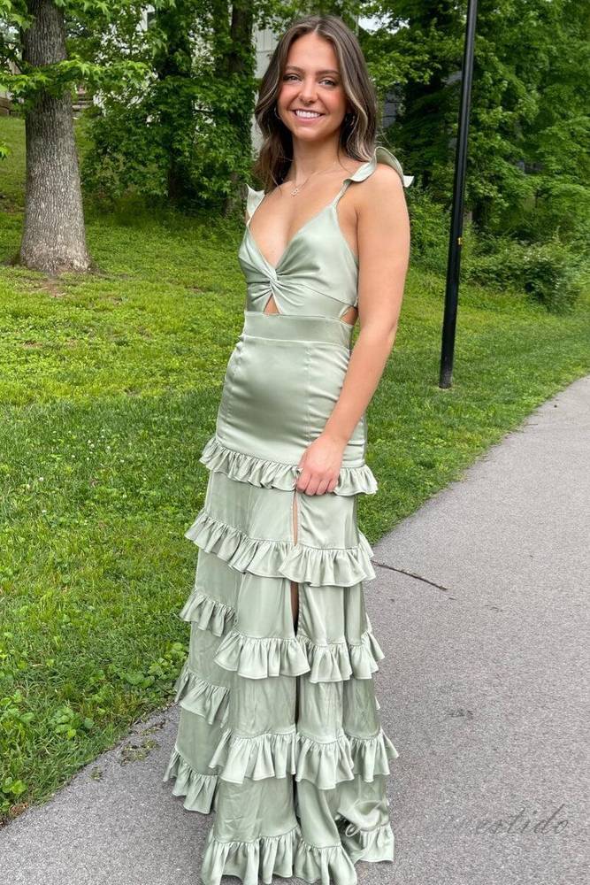 Soft Sage‑Green Mermaid V‑Neck Spaghetti‑Strap Cut‑Out‑Back Floor‑Length Prom Dress